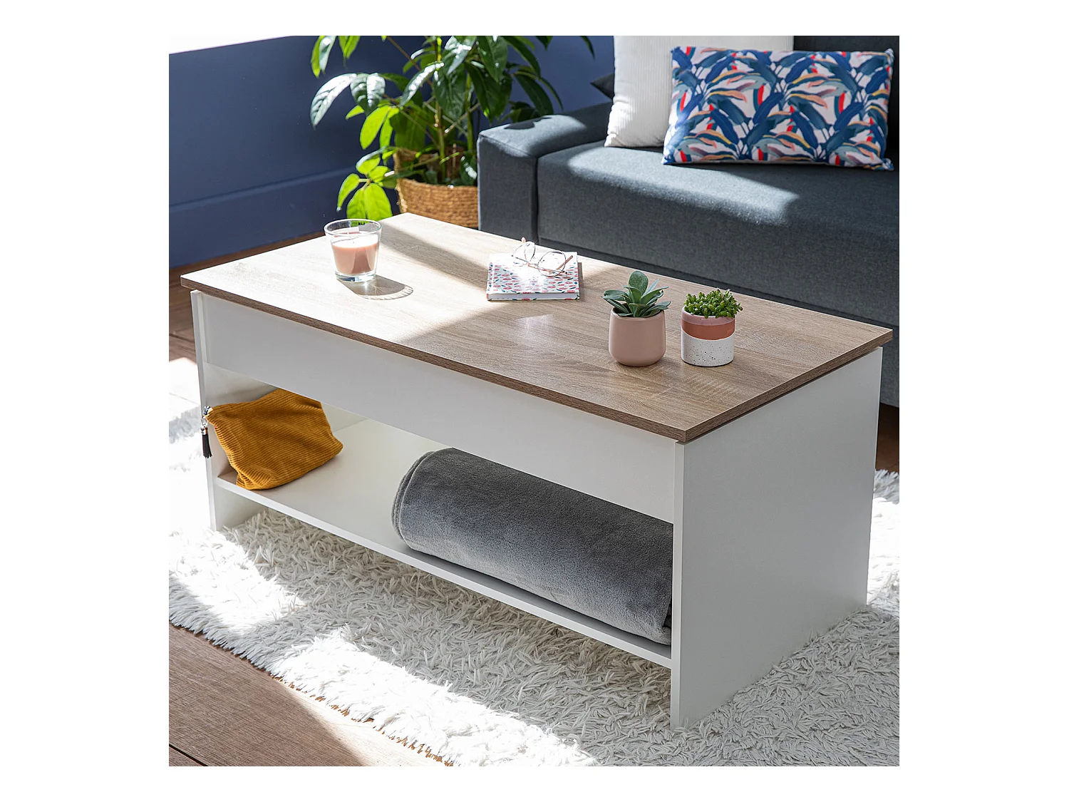 Table basse avec plateau relevable blanche et bois HEDDA - HAPPY GARDEN