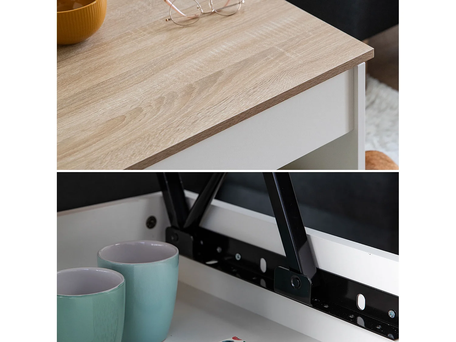 Table basse avec plateau relevable blanche et bois HEDDA - HAPPY GARDEN