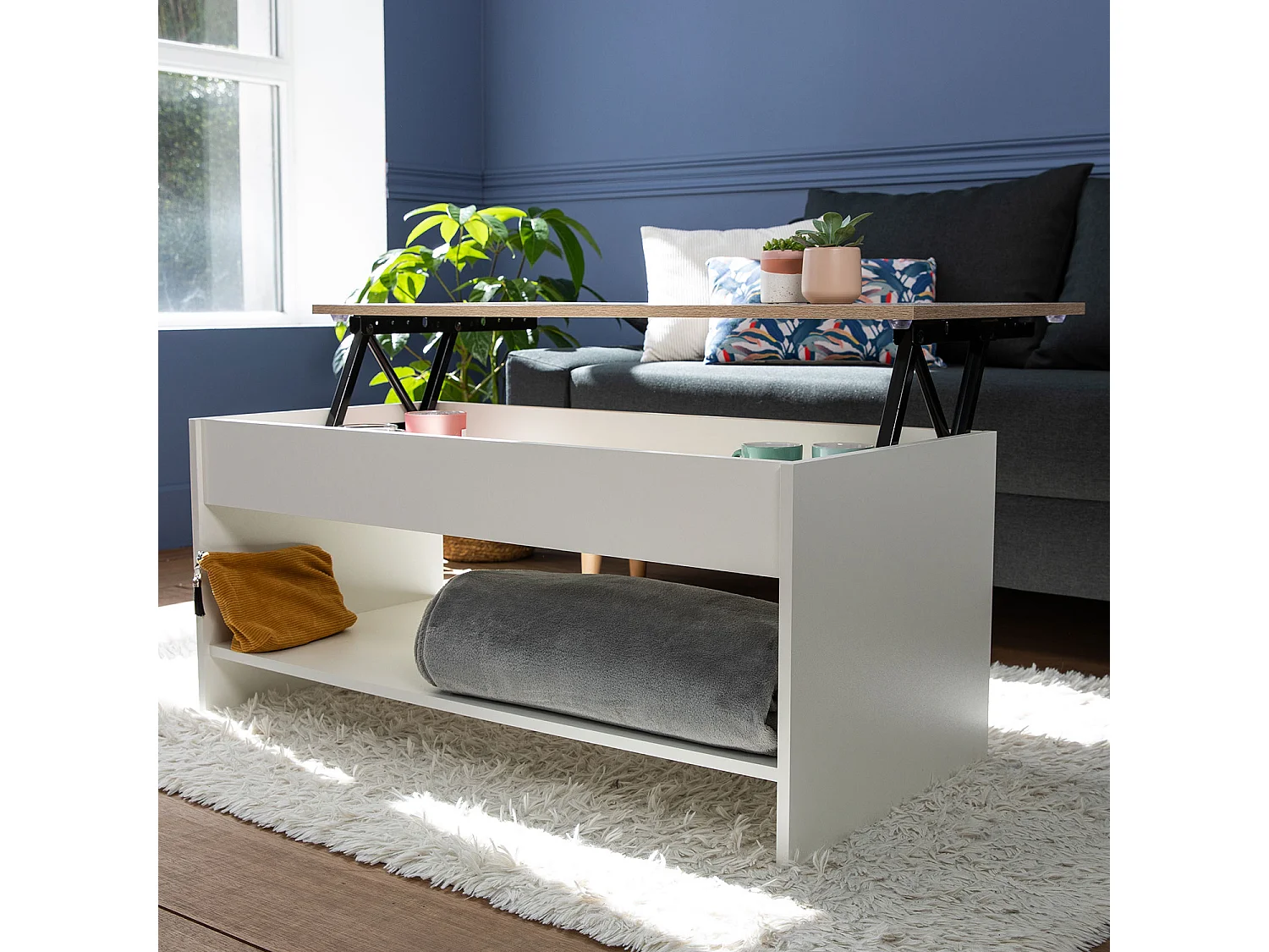 Table basse avec plateau relevable blanche et bois HEDDA - HAPPY GARDEN