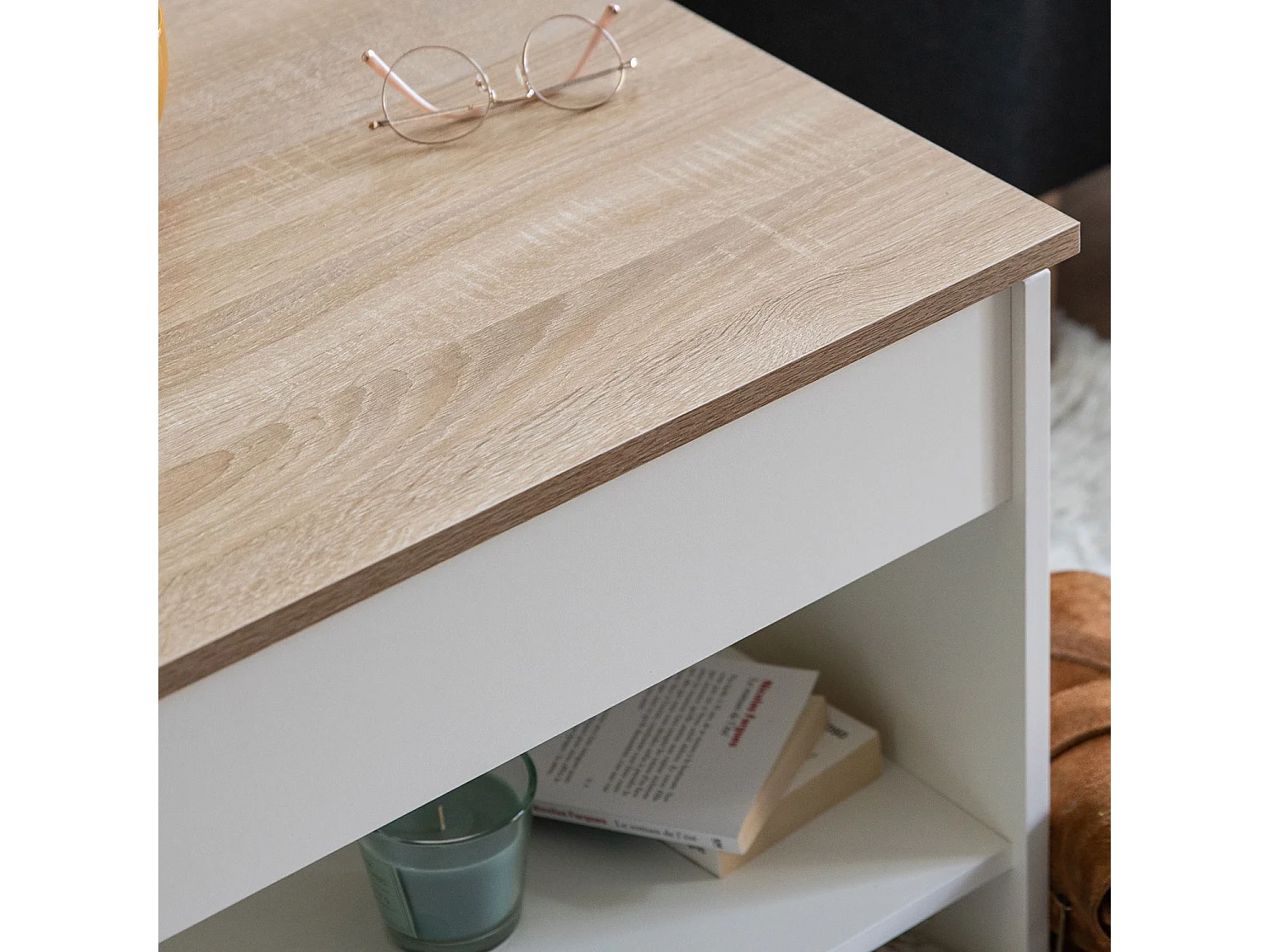 Table basse avec plateau relevable blanche et bois HEDDA - HAPPY GARDEN