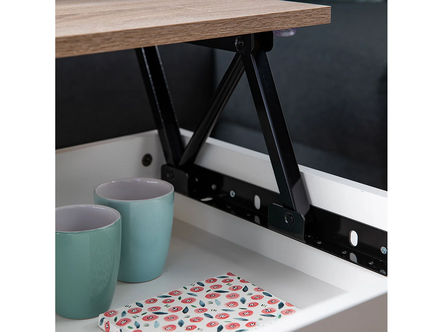 Table basse avec plateau relevable blanche et bois HEDDA - HAPPY GARDEN