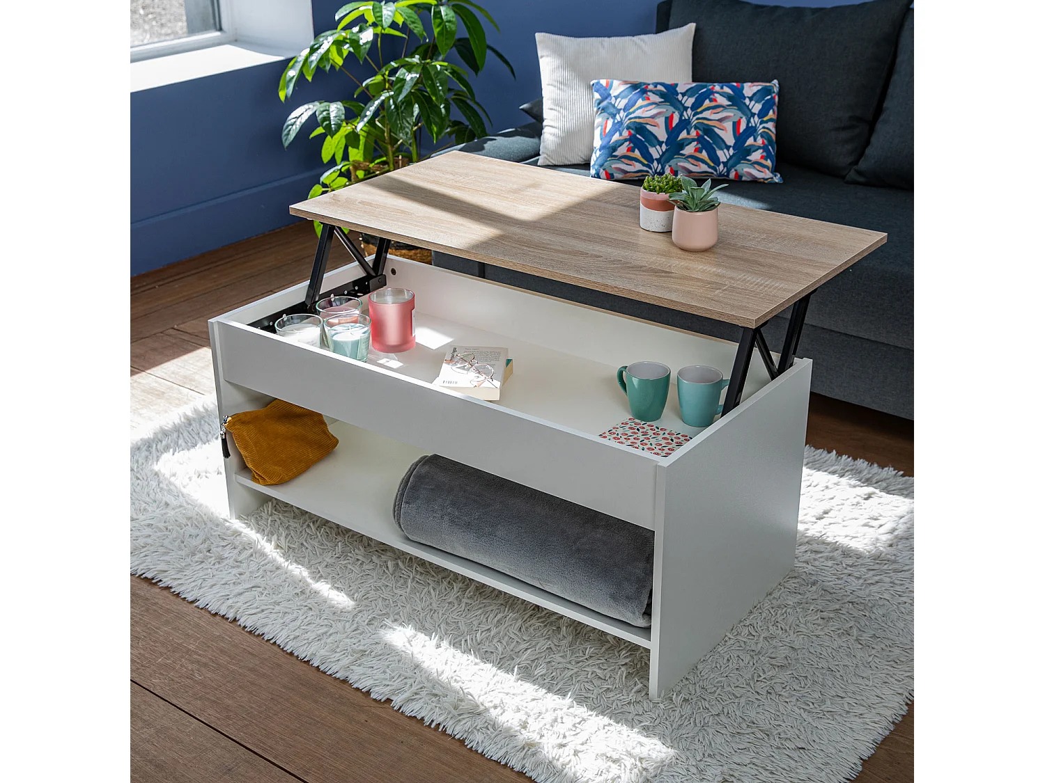 Table basse avec plateau relevable blanche et bois HEDDA - HAPPY GARDEN