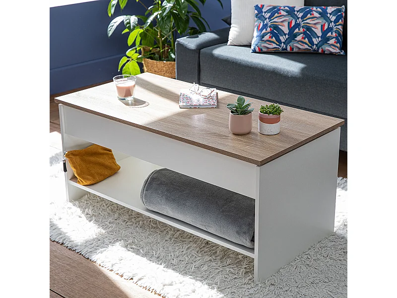 Table basse avec plateau relevable blanche et bois HEDDA - HAPPY GARDEN