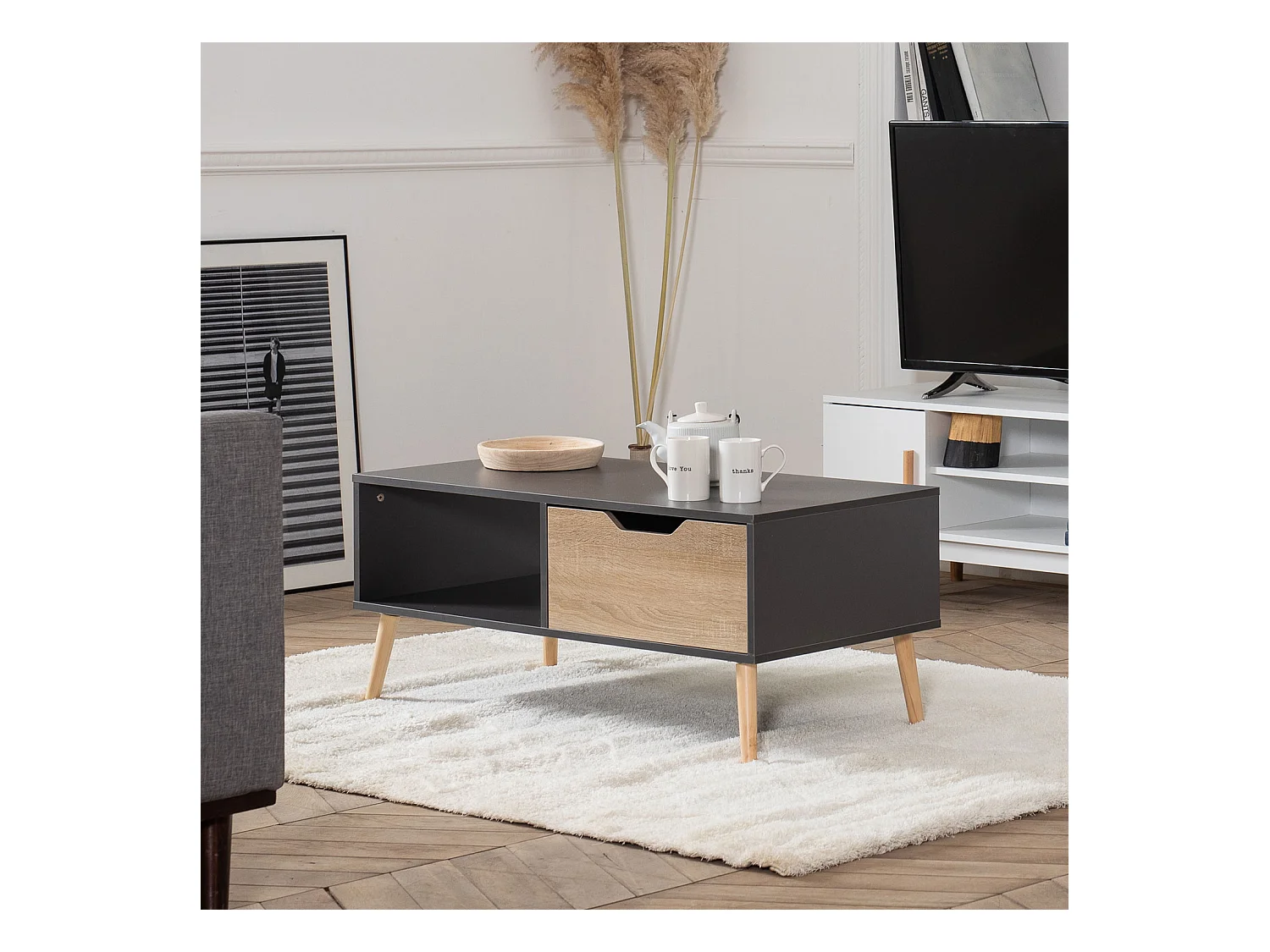 Table basse avec tiroir style scandinave grise FREJA - HAPPY GARDEN
