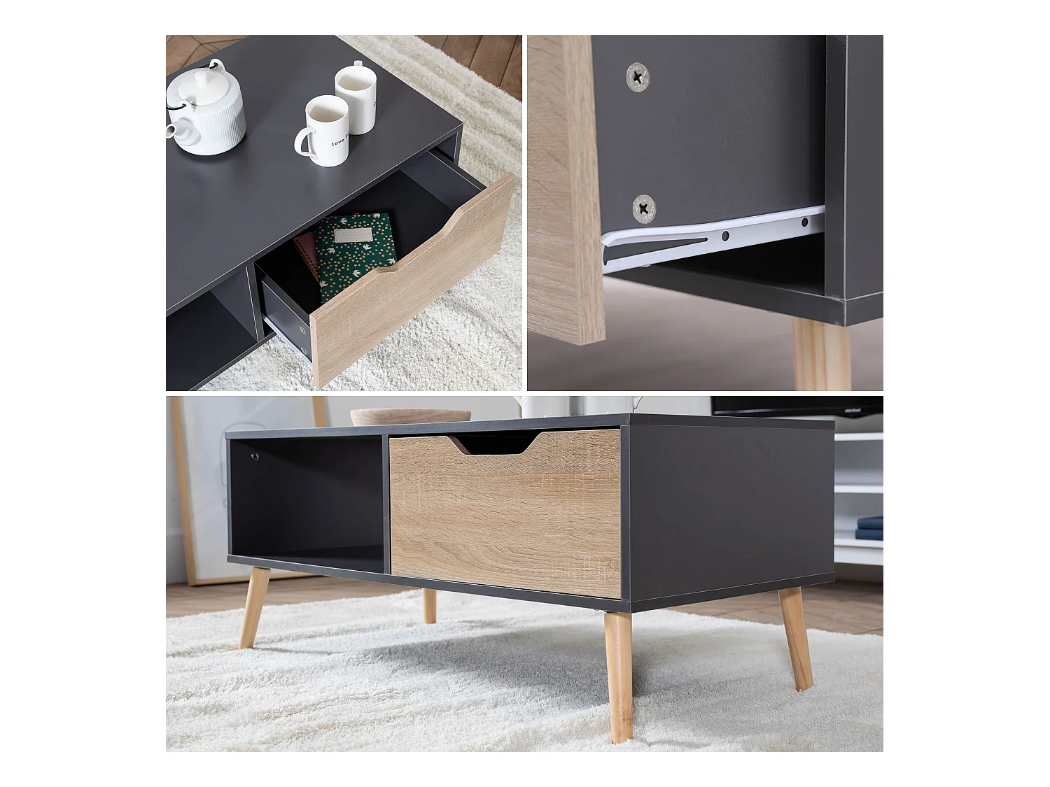 Table basse avec tiroir style scandinave grise FREJA - HAPPY GARDEN