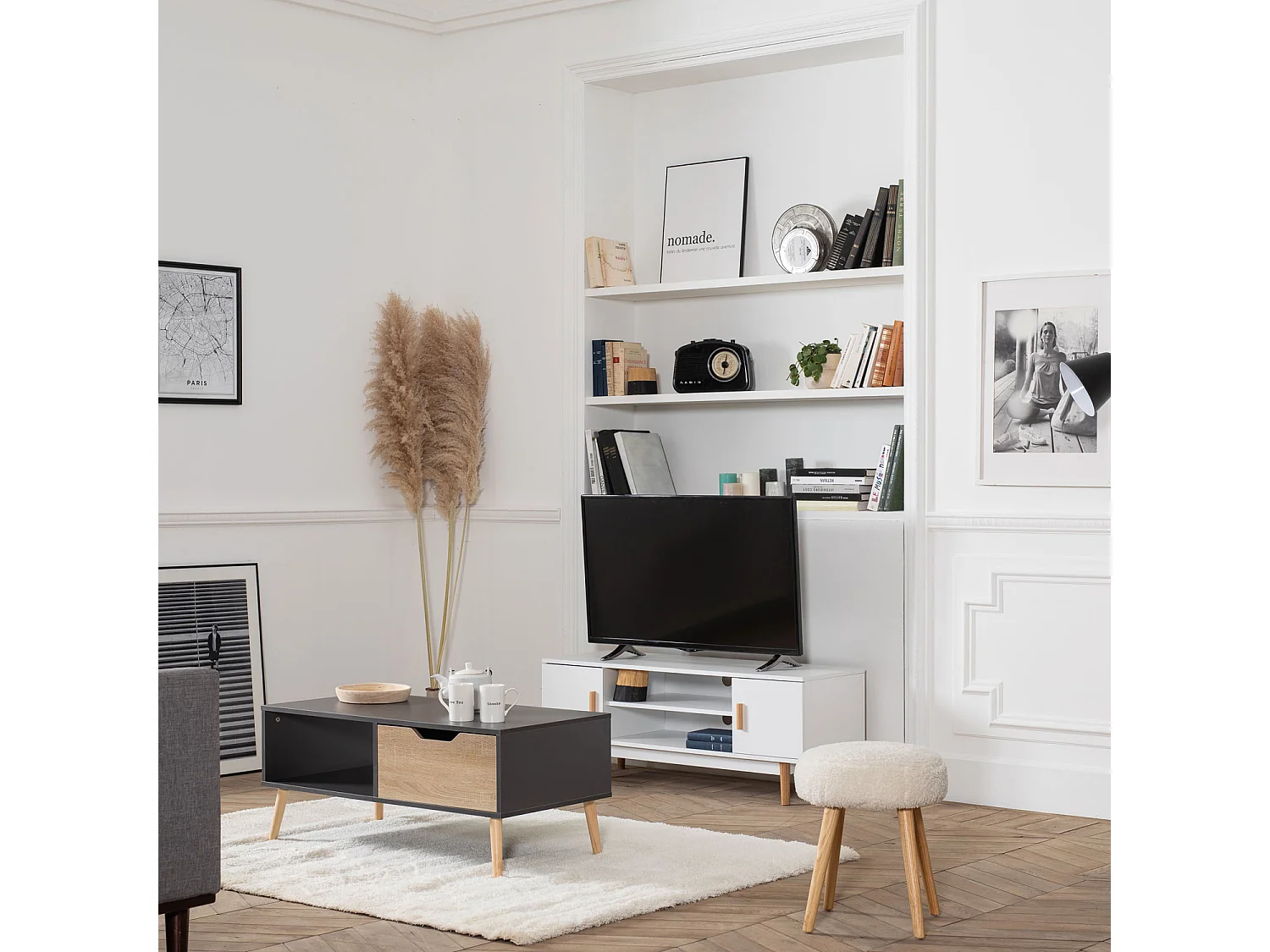 Table basse avec tiroir style scandinave grise FREJA - HAPPY GARDEN