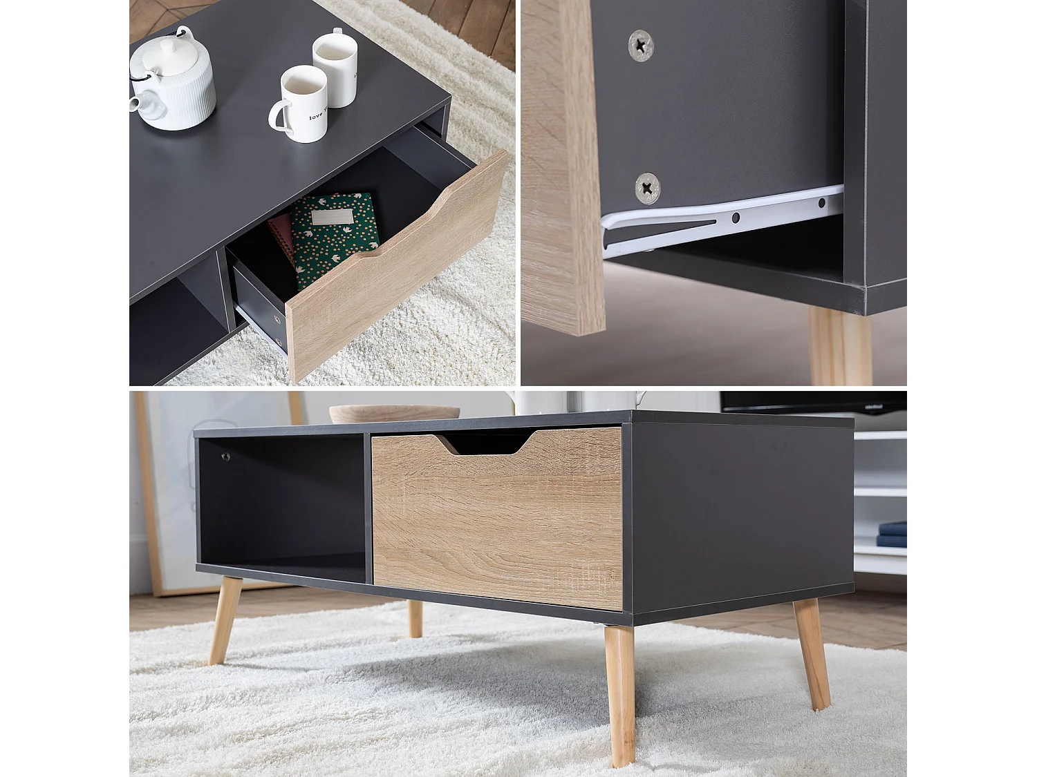 Tavolino in stile scandinavo grigio FREJA con cassetto