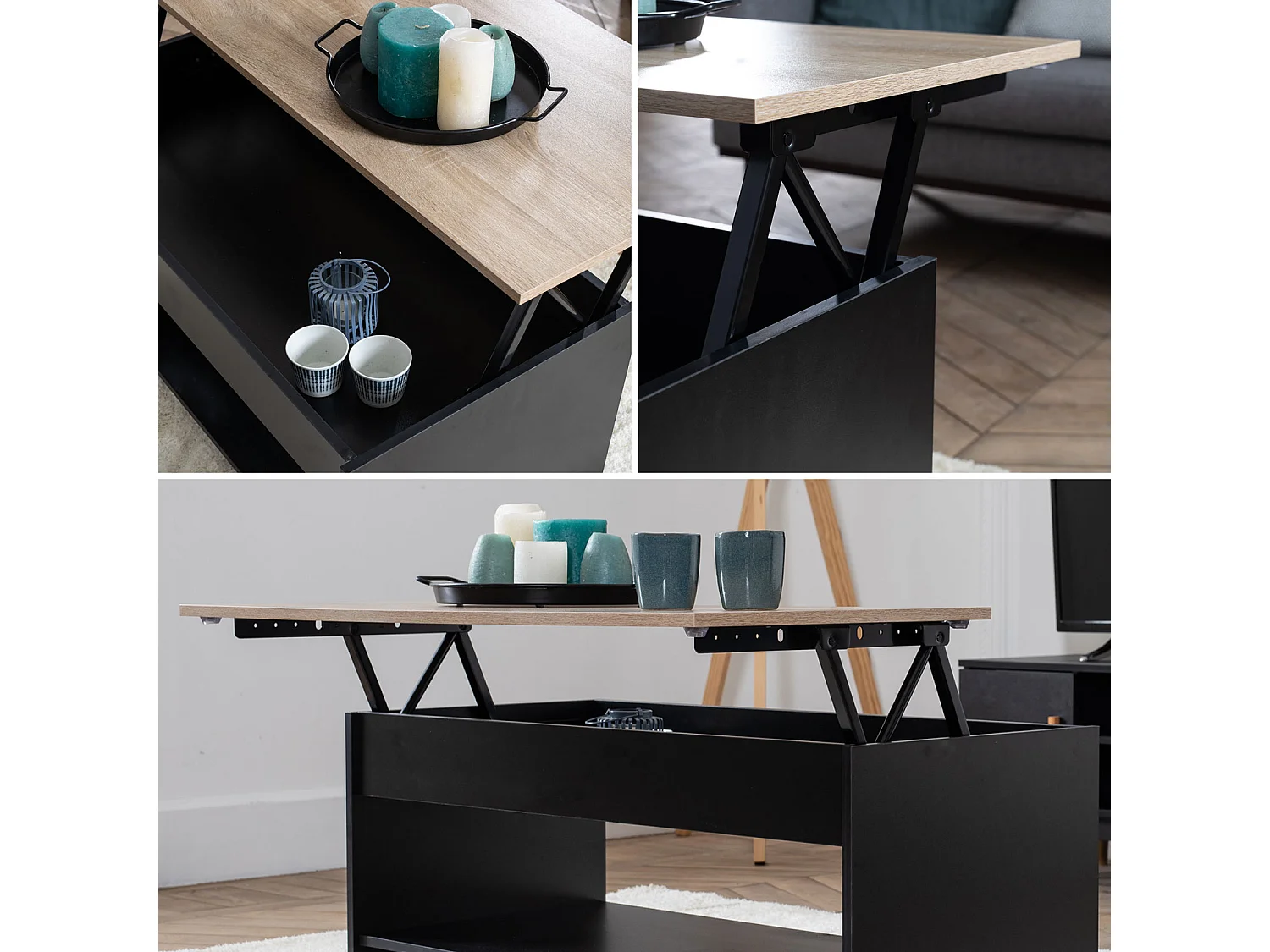 Table basse avec plateau relevable noire et bois HEDDA - HAPPY GARDEN