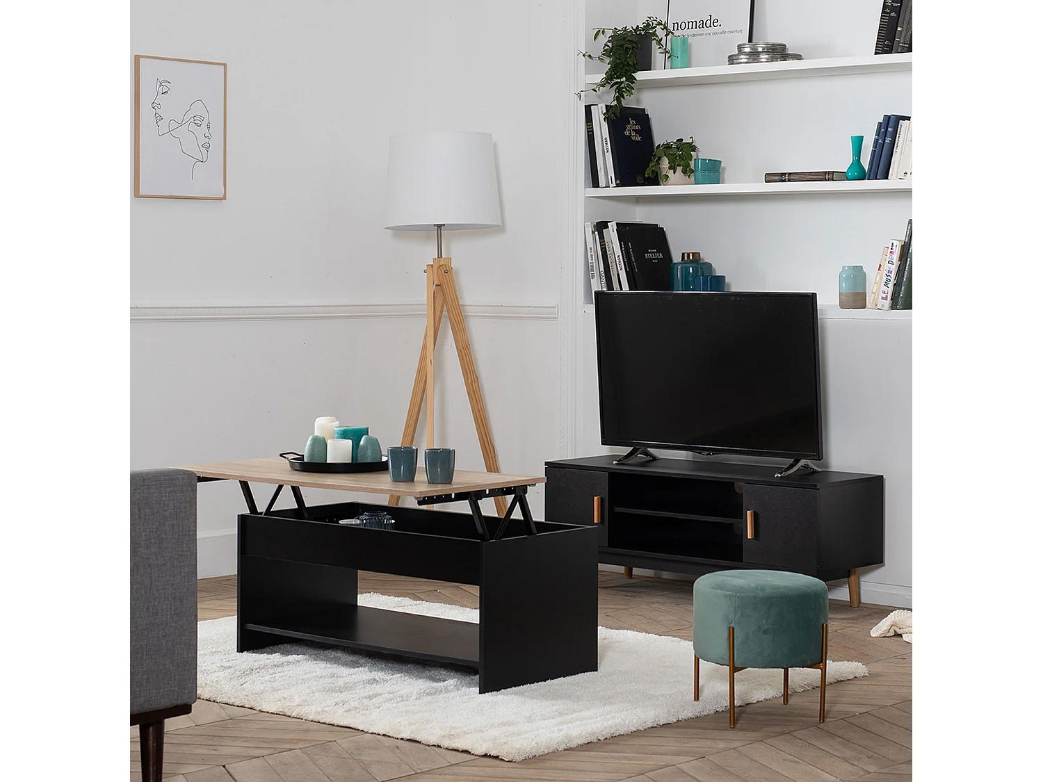 Table basse avec plateau relevable noire et bois HEDDA - HAPPY GARDEN