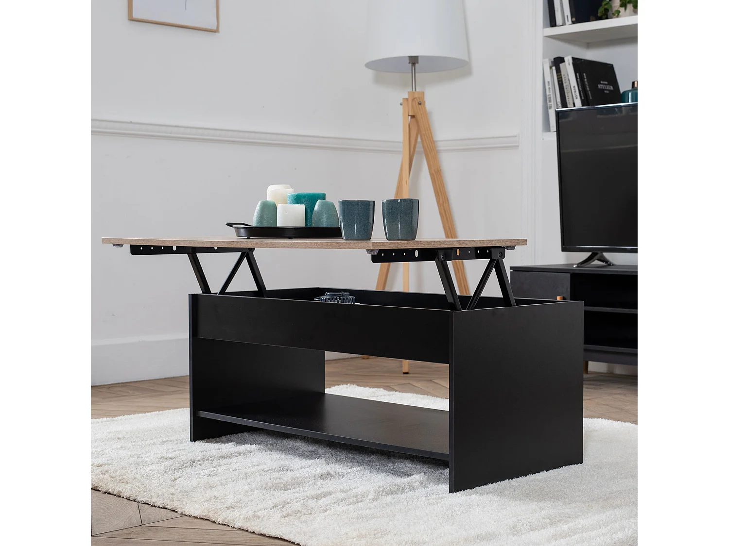 Salontafel met opklapbaar blad, zwart en hout HEDDA