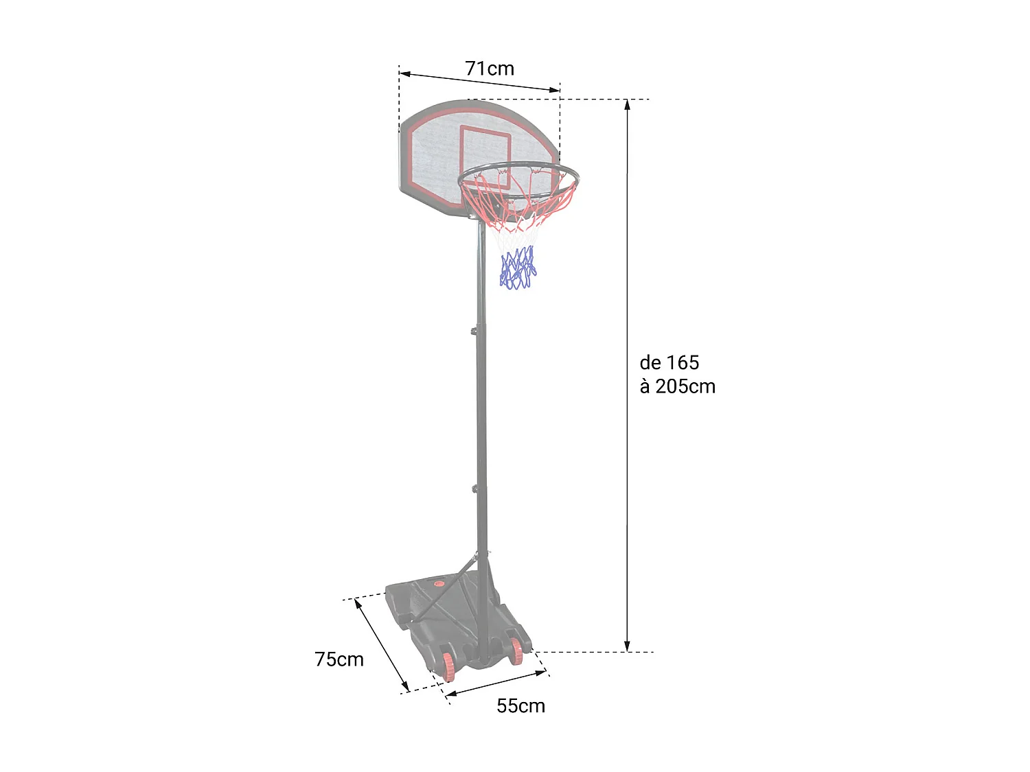 Verstelbare basketbalring 165 tot 205cm