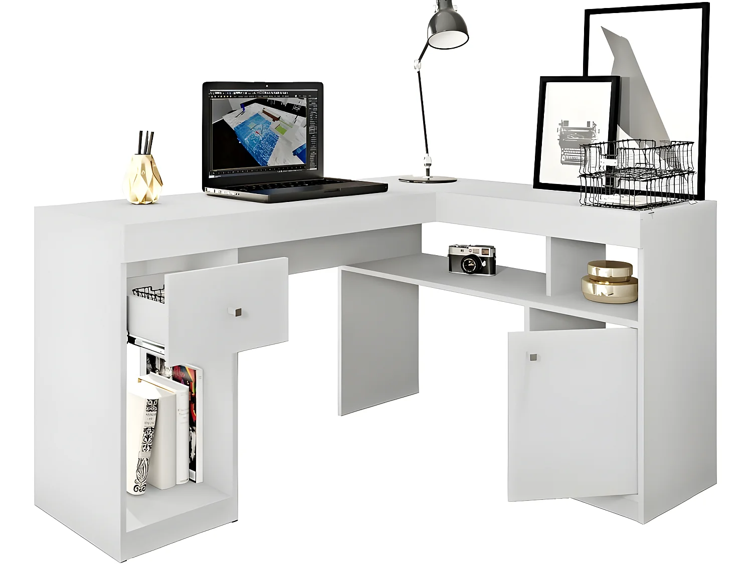 Bureau d'Angle Blanc avec Caisson et Rangements L 137.2 H 75.5 P 111.6 cm