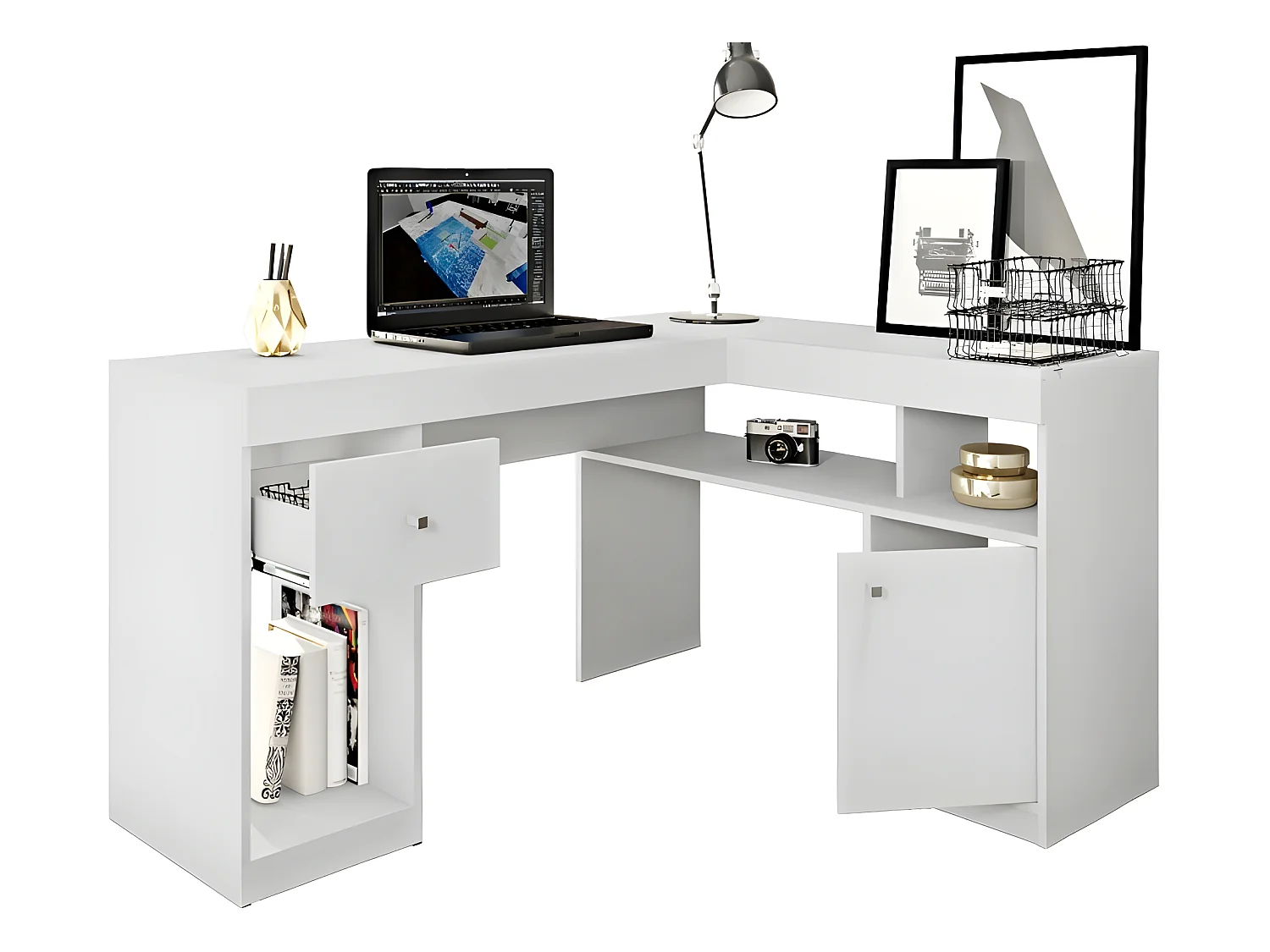 Bureau d'Angle Blanc avec Caisson et Rangements L 137.2 H 75.5 P 111.6 cm