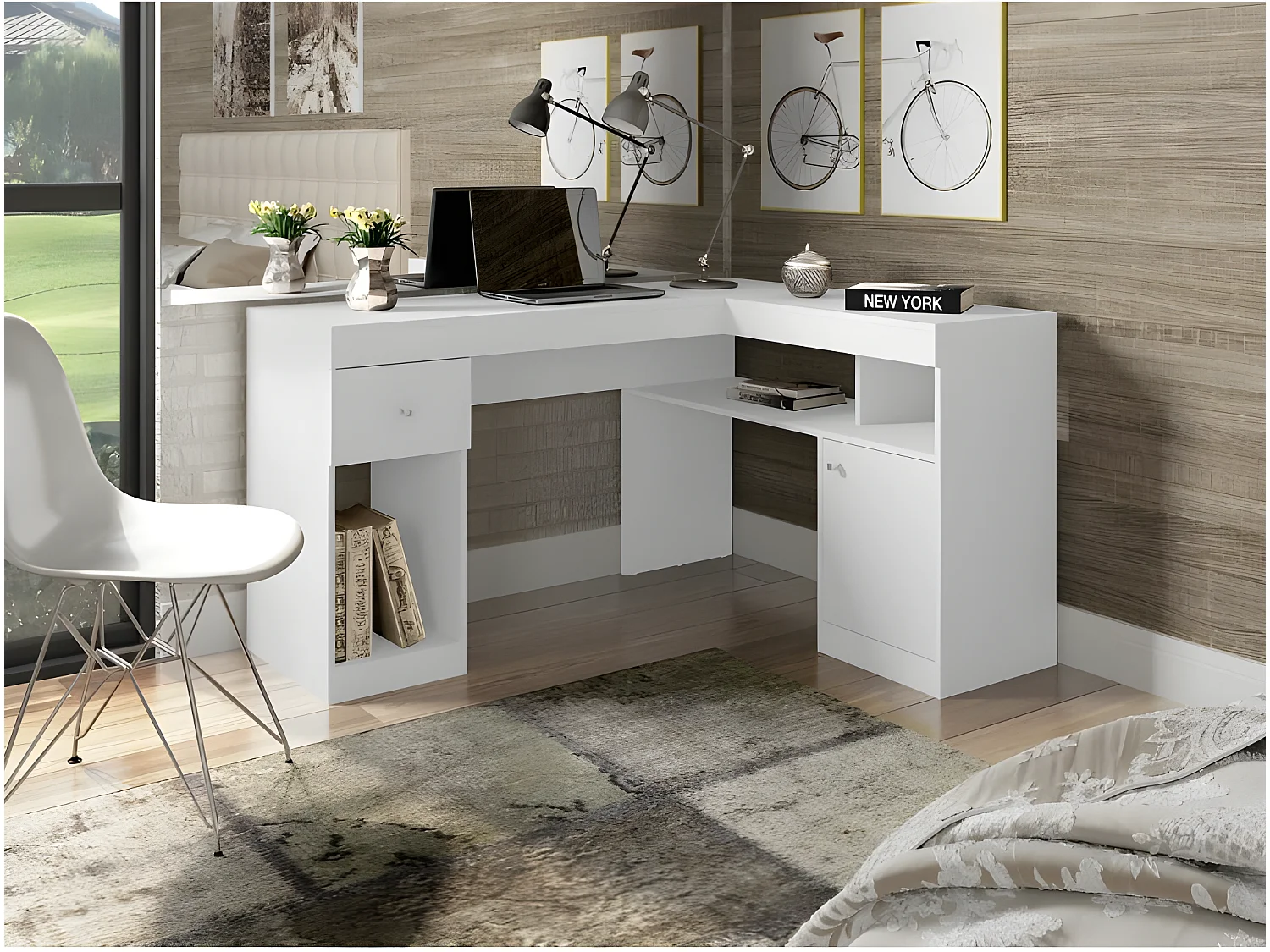 Bureau d'Angle Blanc avec Caisson et Rangements L 137.2 H 75.5 P 111.6 cm