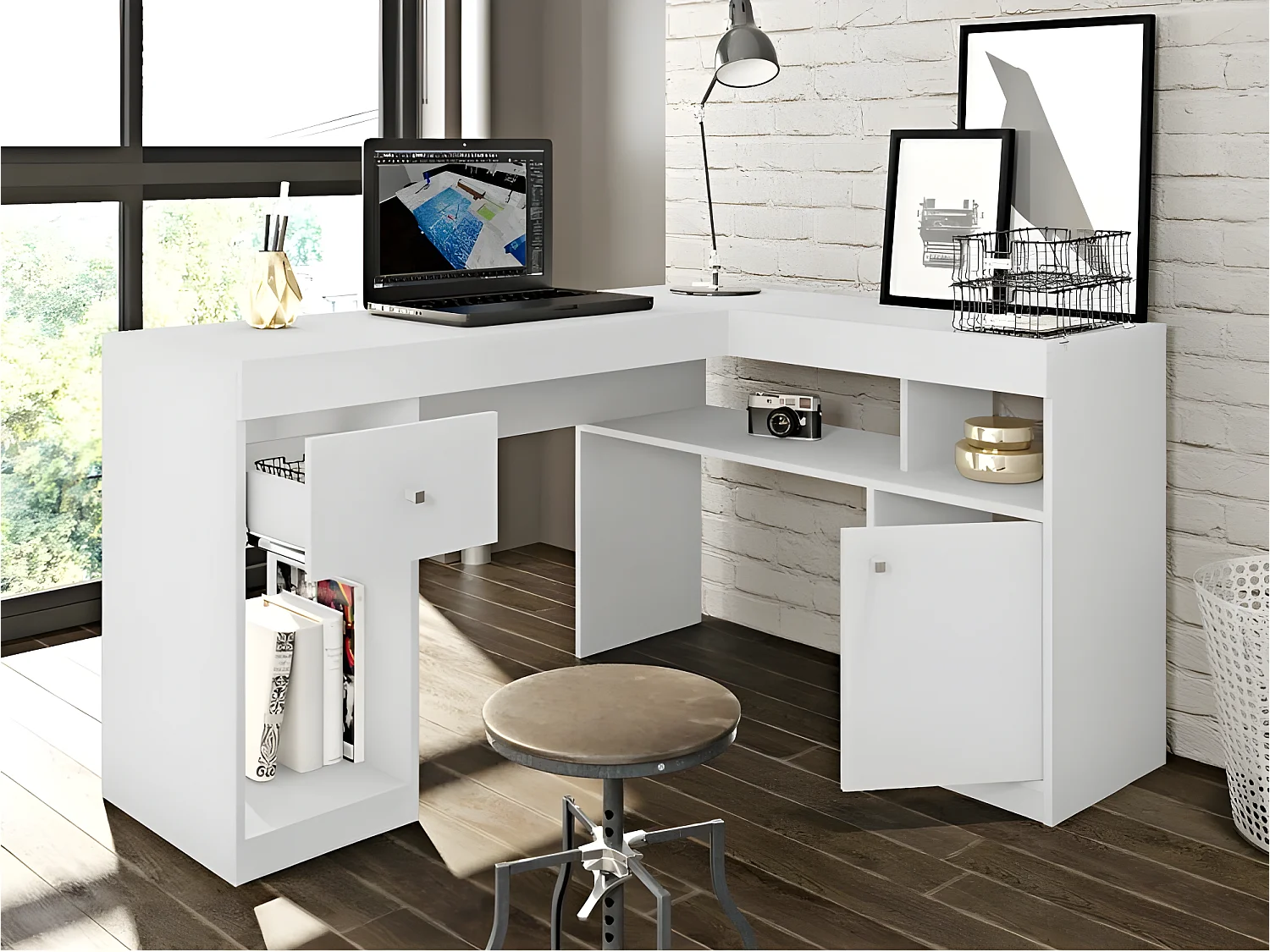 Bureau d'Angle Blanc avec Caisson et Rangements L 137.2 H 75.5 P 111.6 cm