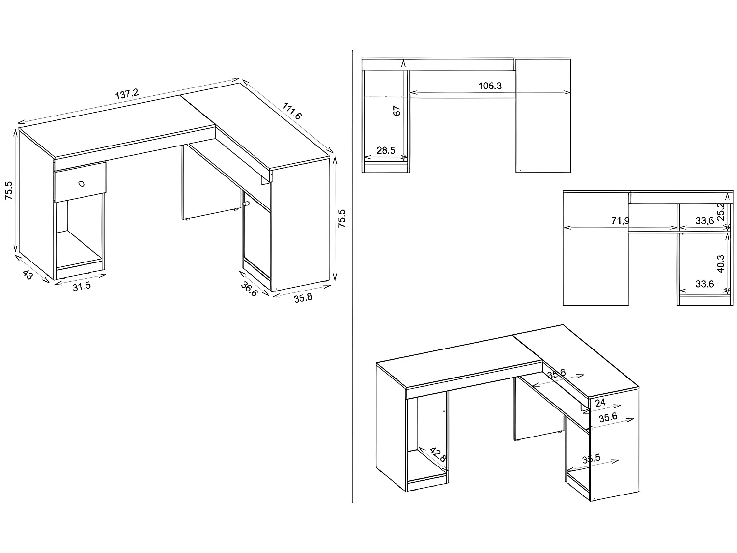 Bureau d'Angle Blanc avec Caisson et Rangements L 137.2 H 75.5 P 111.6 cm