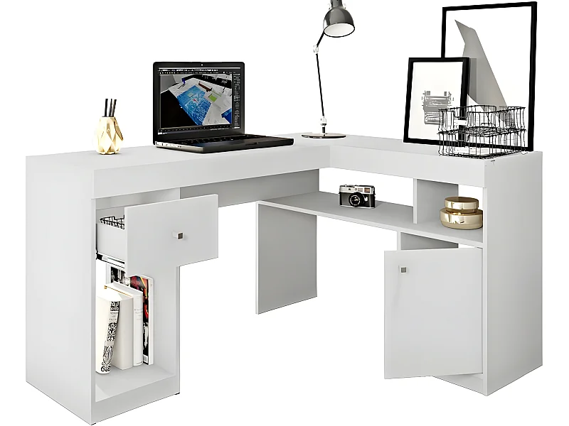 Bureau d'Angle Blanc avec Caisson et Rangements L 137.2 H 75.5 P 111.6 cm