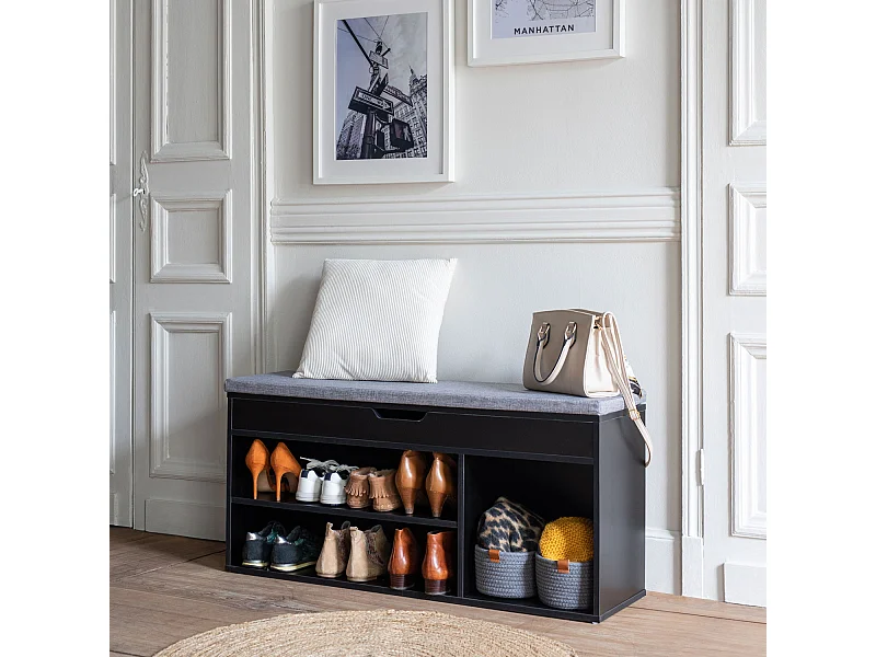 Meuble à chaussures trois casiers avec coffre noir ALAN - HAPPY GARDEN