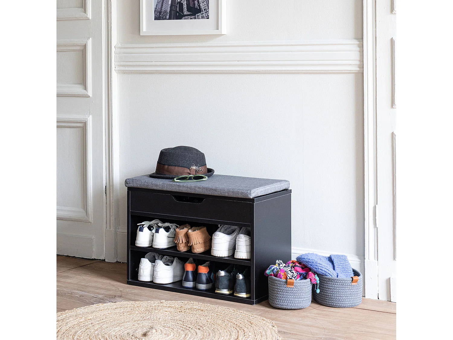 Schuhmöbel zwei Fächer mit Truhe schwarz ALAN