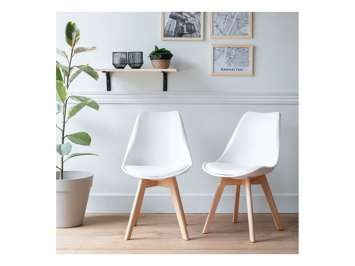 Lot de 2 chaises scandinaves NORA blanches avec coussin - HAPPY GARDEN