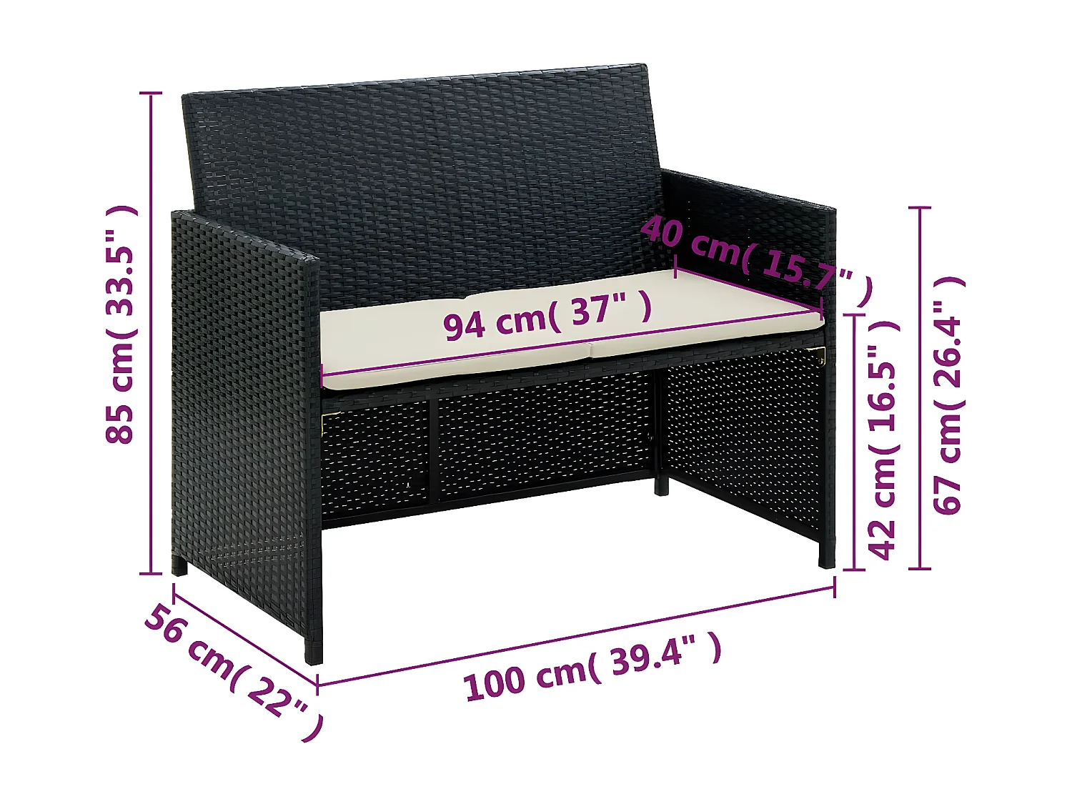 Canapé de jardin à 2 places avec coussins Noir Résine tressée PWRS42132