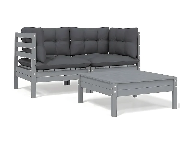 3-tlg. Garten-Sitzgruppe: Sofa + Tisch | Garten-Lounge-Set mit Kissen Grau Kiefer Massivholz -GKD640738