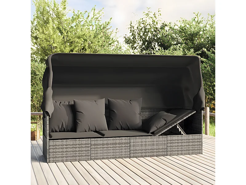 Loungebed met luifel en kussens poly rattan grijs NL371713