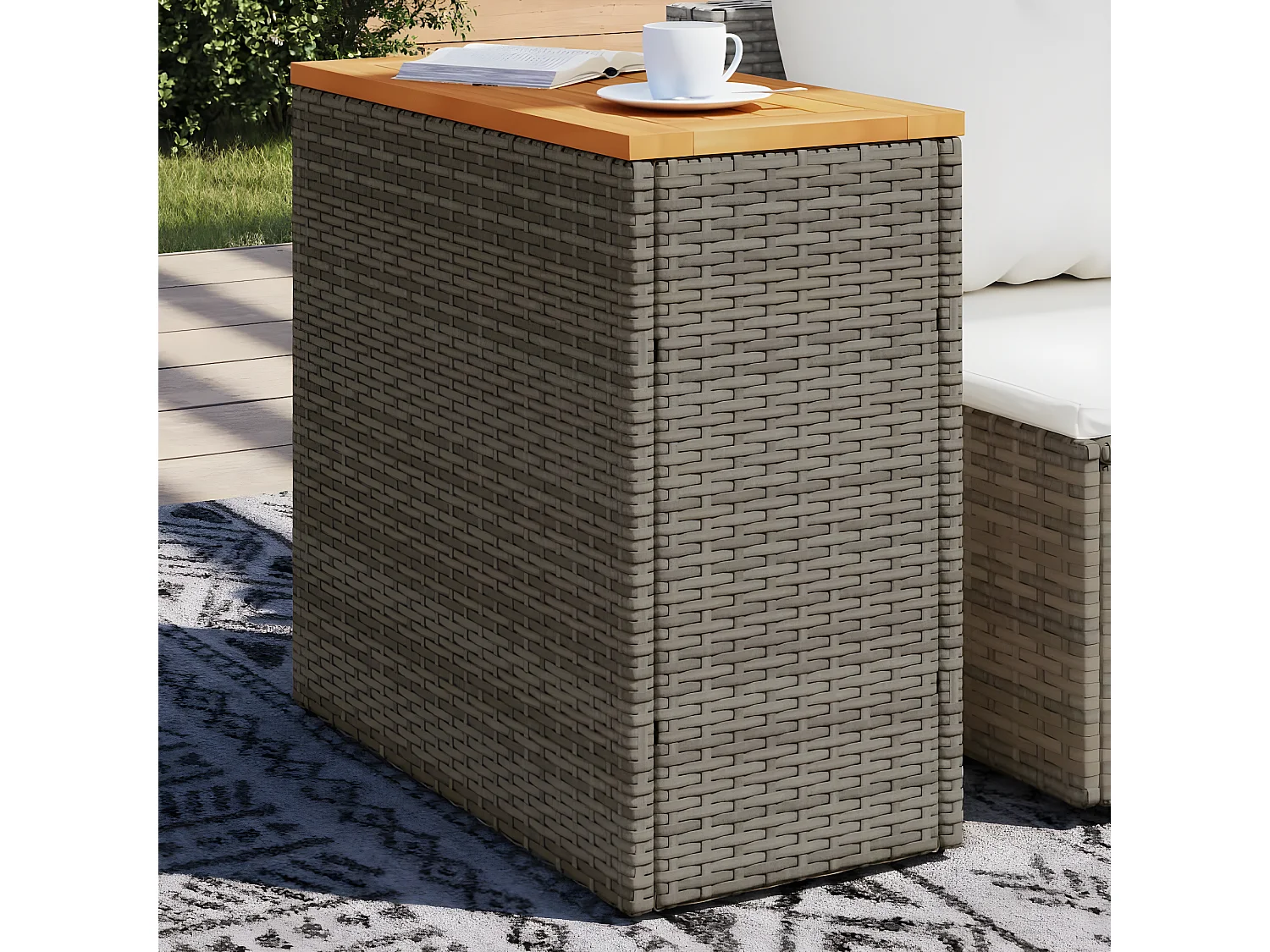 Tuinbijzettafel met houten blad 58x27,5x55 cm poly rattan grijs NL273444