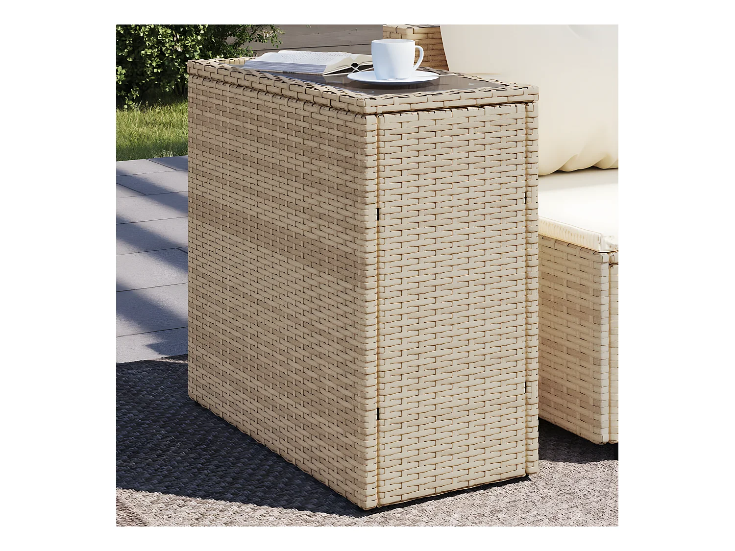 Table basse de jardin avec dessus en verre beige rotin GHR92599