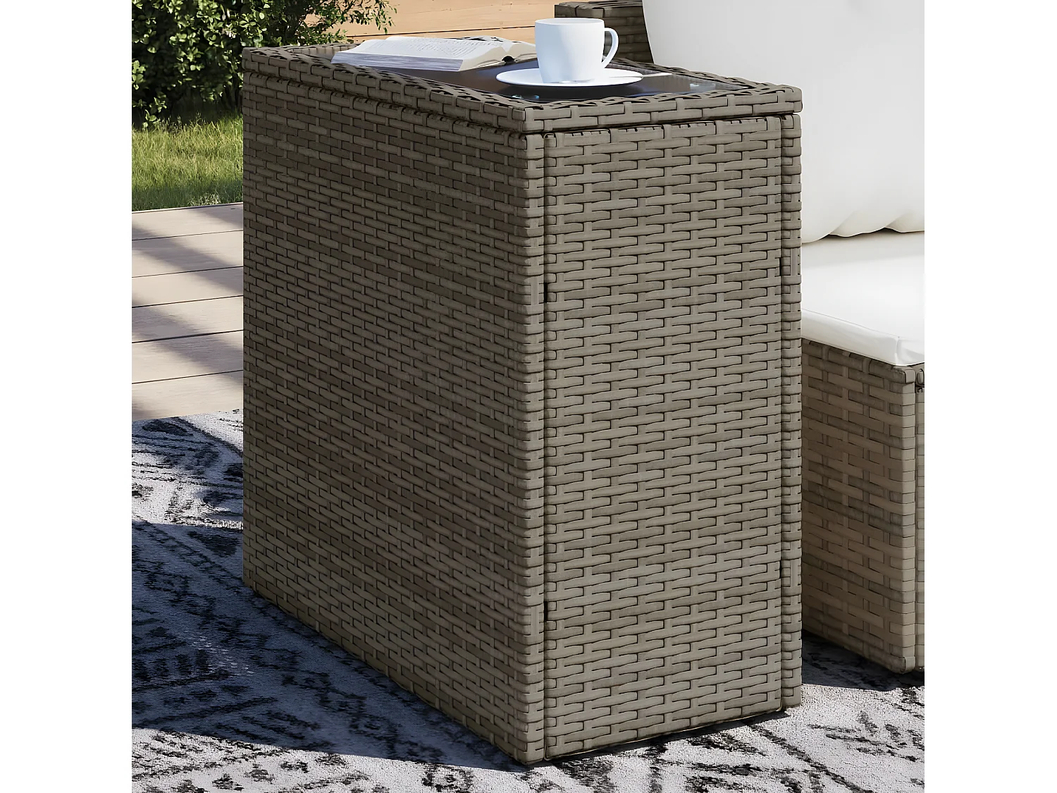 Mesa auxiliar jardín tapa vidrio ratán PE gris 58x27,5x55 cm ES422393