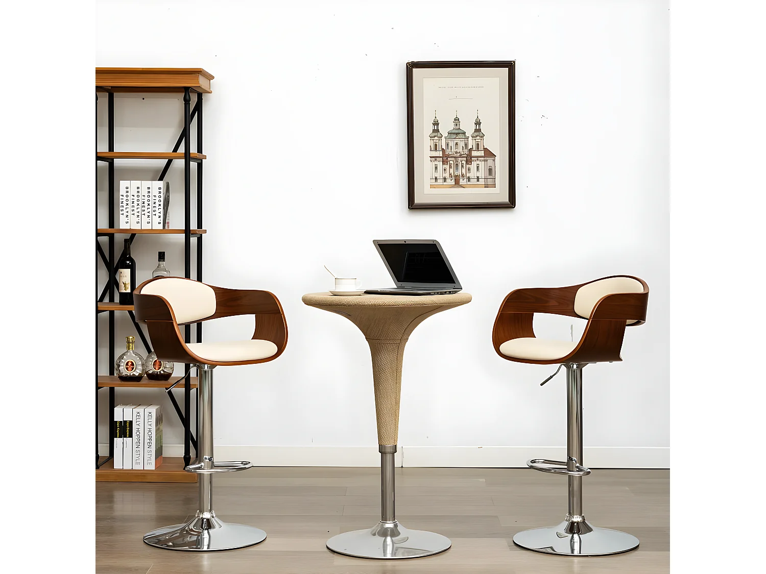 Tabourets de bar lot de 2 crème bois courbé et similicuir SEF49573