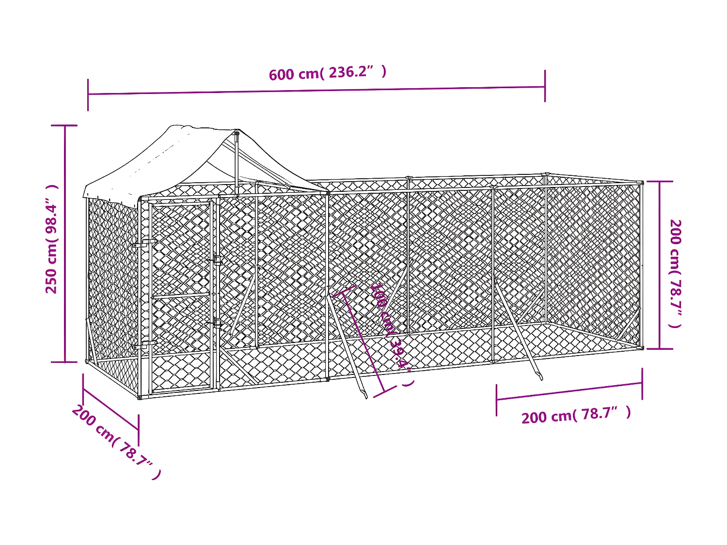Hondenkennel met dak 6x2x2,5 m gegalvaniseerd staal zilverkleur NL409422