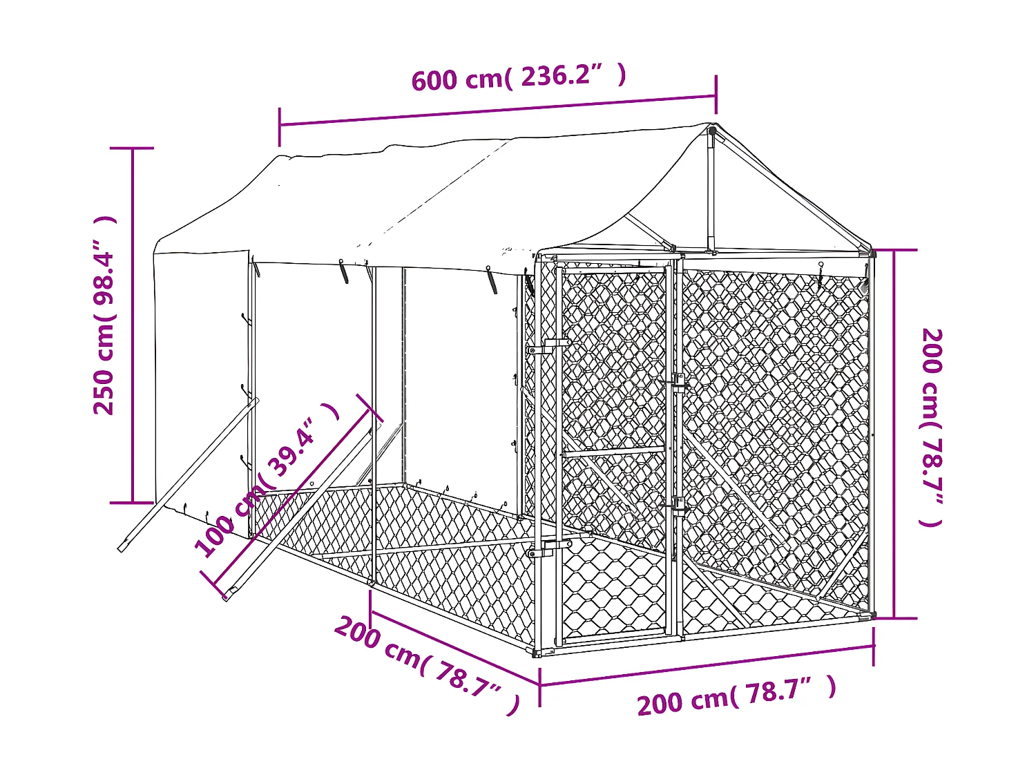 Canil de exterior com teto 2x6x2,5 m aço galvanizado prateado PT366554
