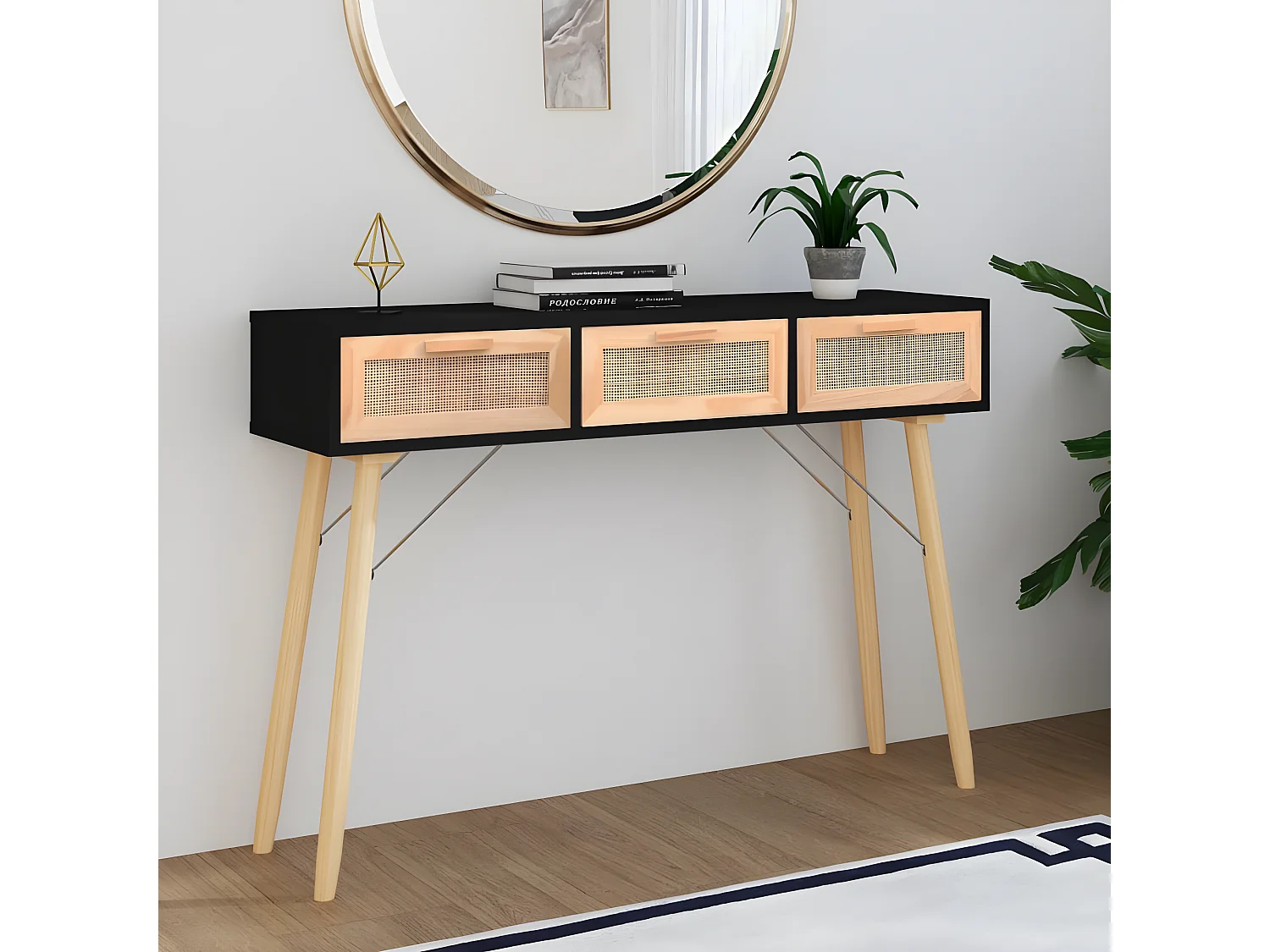 Table console Noir 105x30x75 cm Bois massif pin /rotin naturel GHR71695