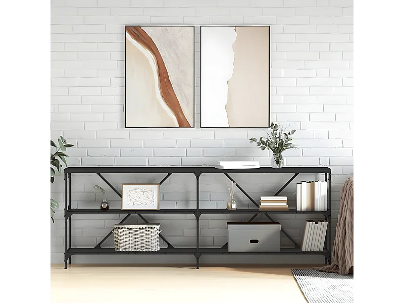 Table console noir 200x30x75 cm bois d'ingénierie et fer GHR55315