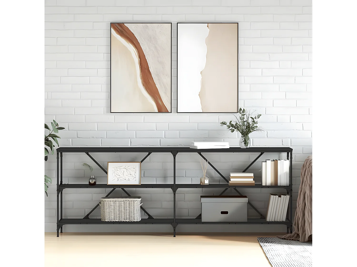 Table console noir 200x30x75 cm bois d'ingénierie et fer GHR55315