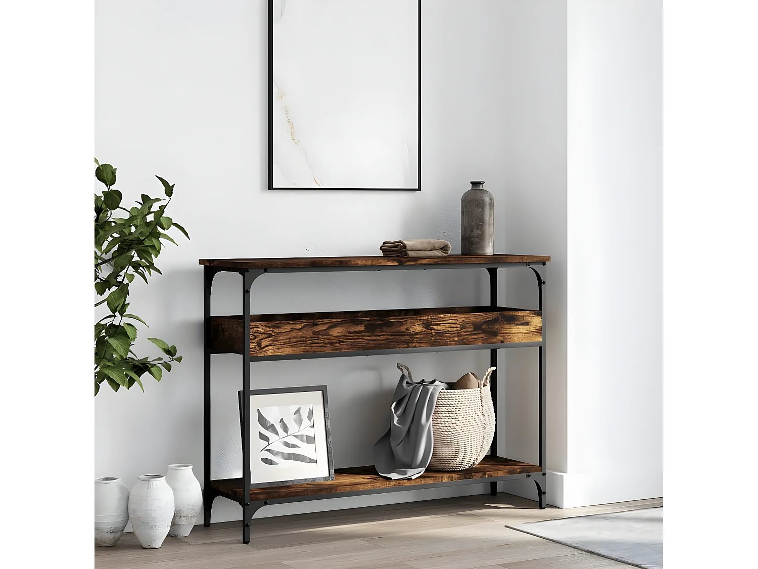 Table console avec étagère chêne fumé 100x29x75 cm GHR24225