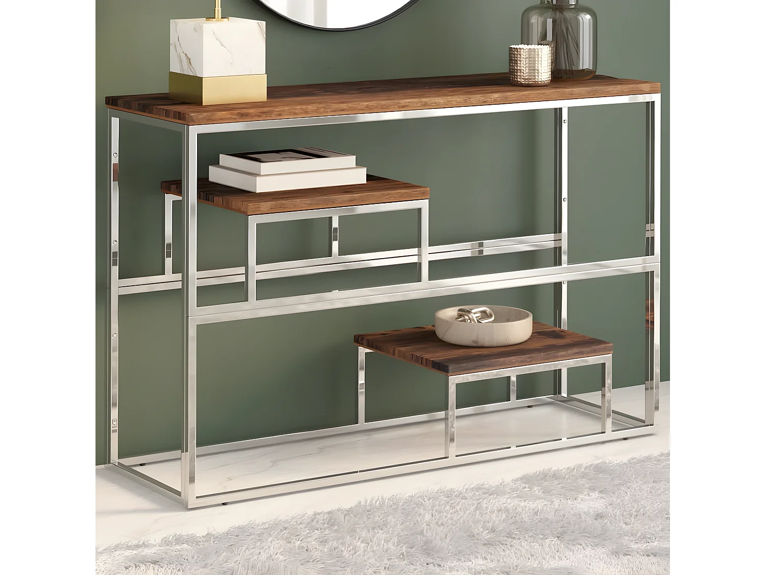 Table console argenté inox et bois de mélèze massif GHR20949