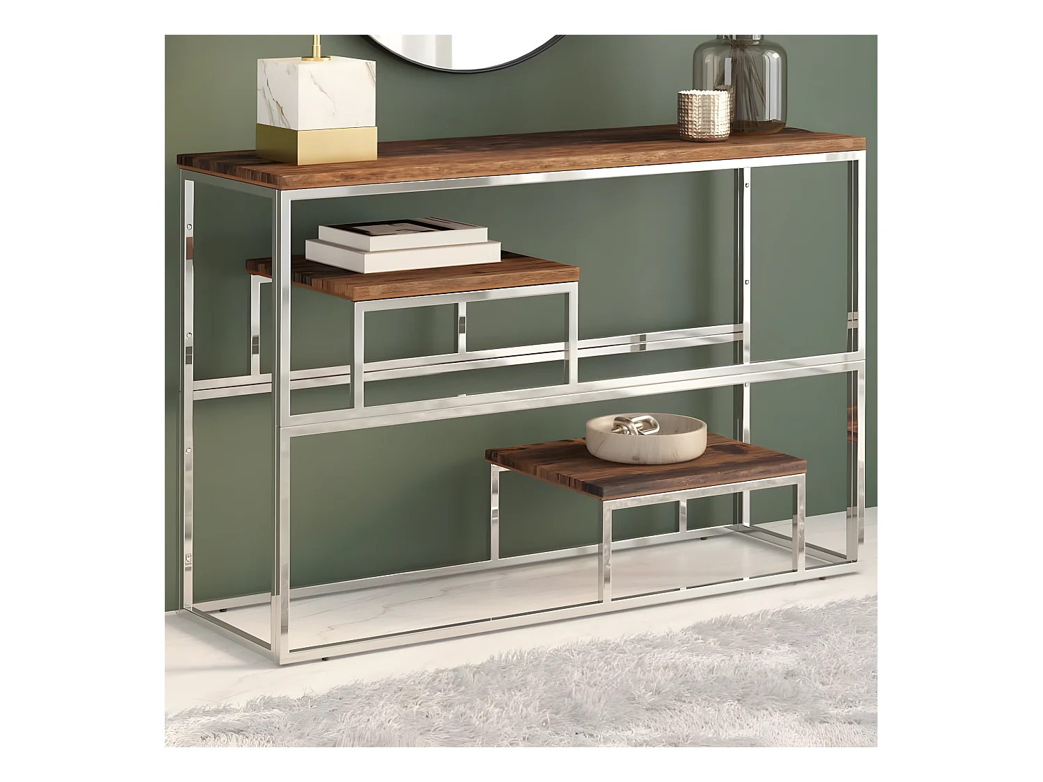 Table console argenté inox et bois de mélèze massif GHR20949