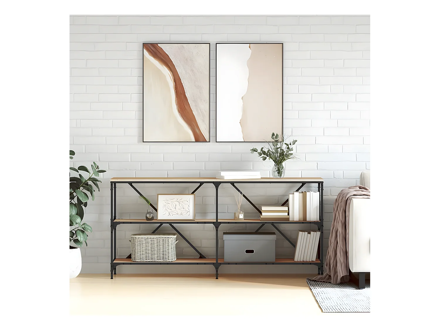 Table console chêne sonoma 160x30x75cm bois d'ingénierie et fer GHR12671