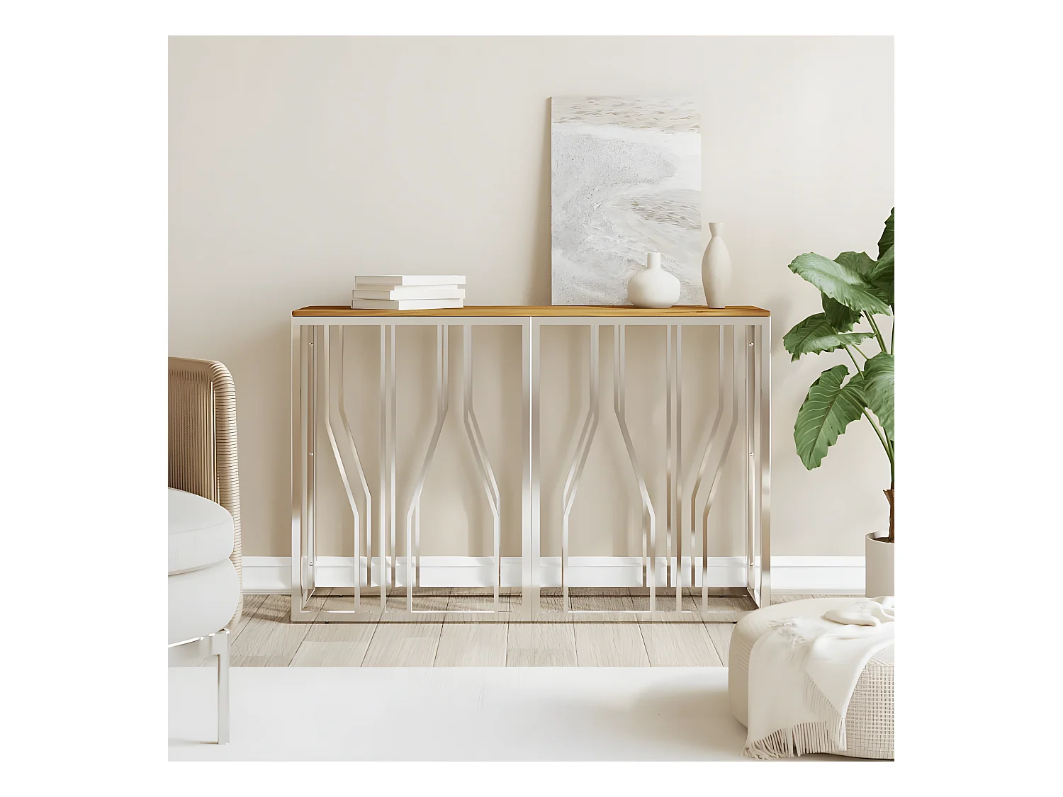 Table console argenté acier inoxydable et bois massif d'acacia GHR77722