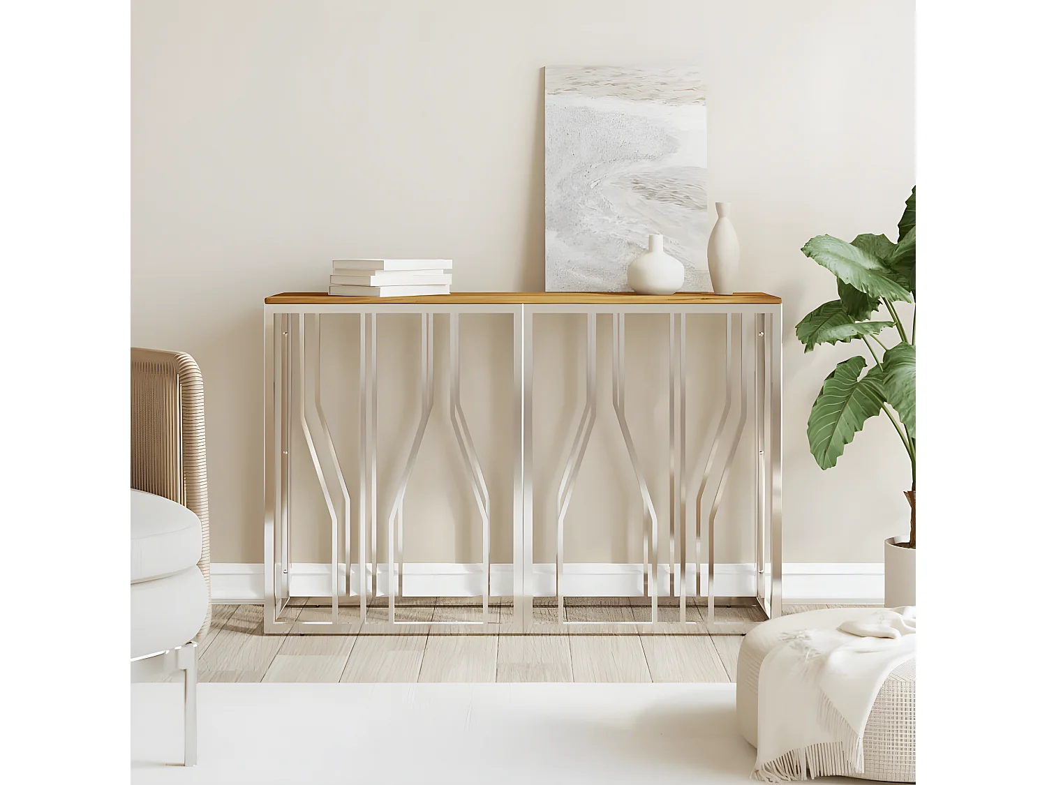 Table console argenté acier inoxydable et bois massif d'acacia GHR77722