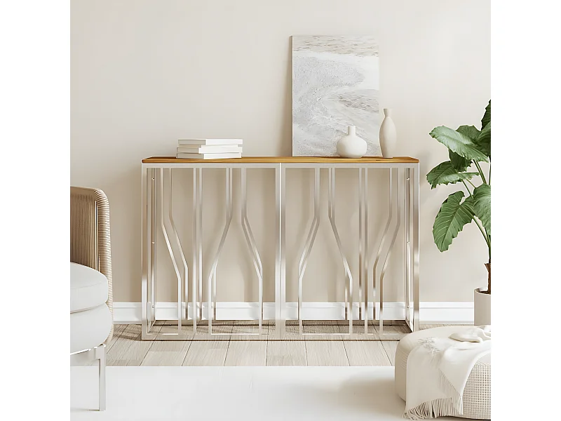 Wandtafel roestvrij staal en massief acaciahout zilverkleurig NL876092