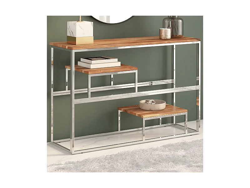 Konsolentisch,Flurtisch Silbern Edelstahl und Massivholz Akazie -gkd557240