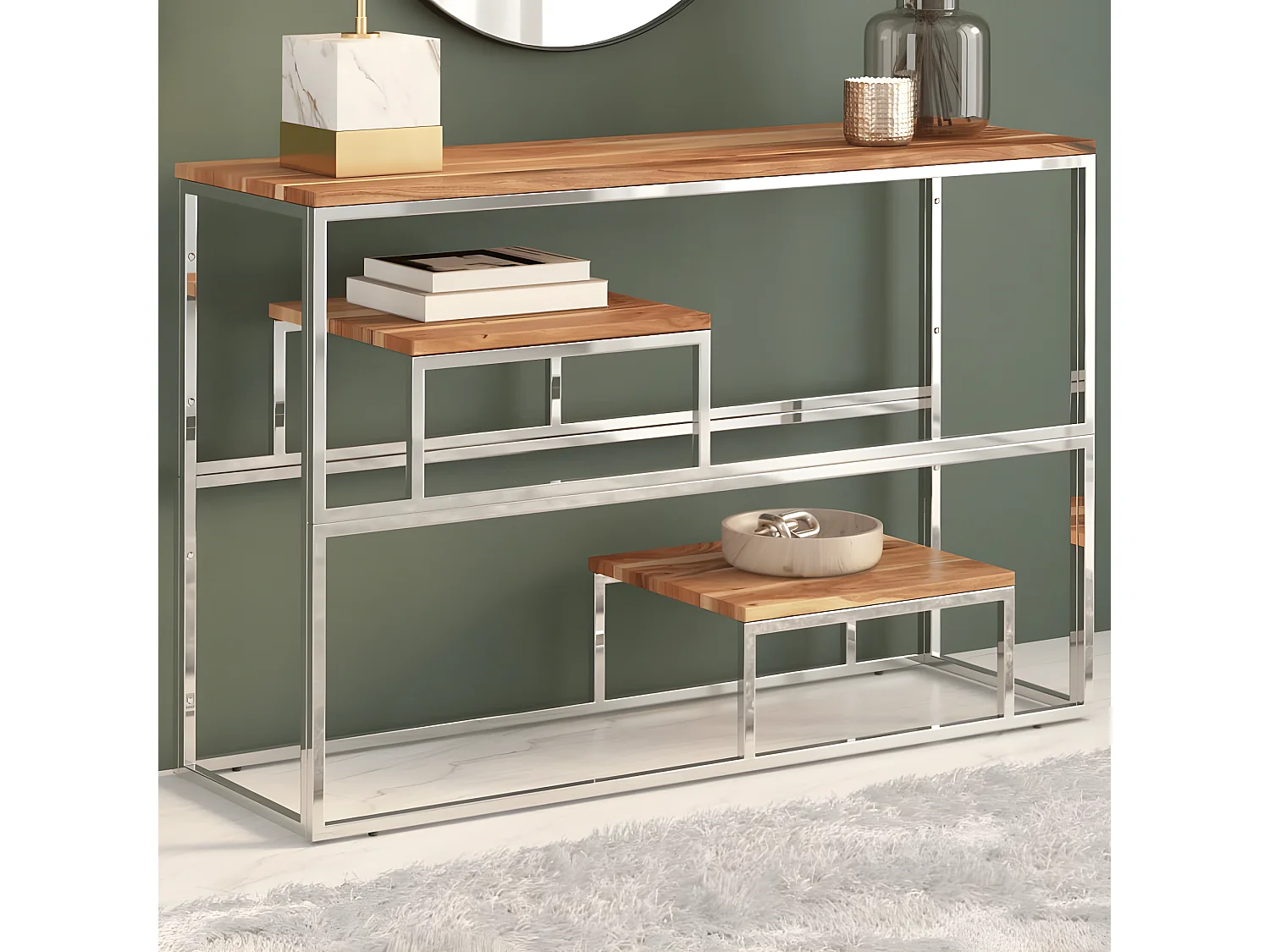 Table console argenté acier inoxydable et bois massif d'acacia GHR24533