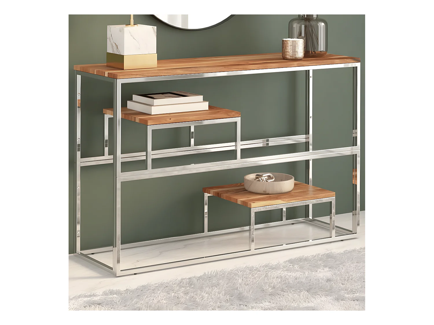 Table console argenté acier inoxydable et bois massif d'acacia GHR24533