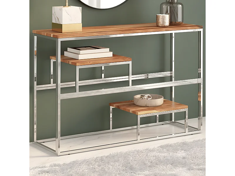 Wandtafel roestvrij staal en massief acaciahout zilverkleurig NL861040