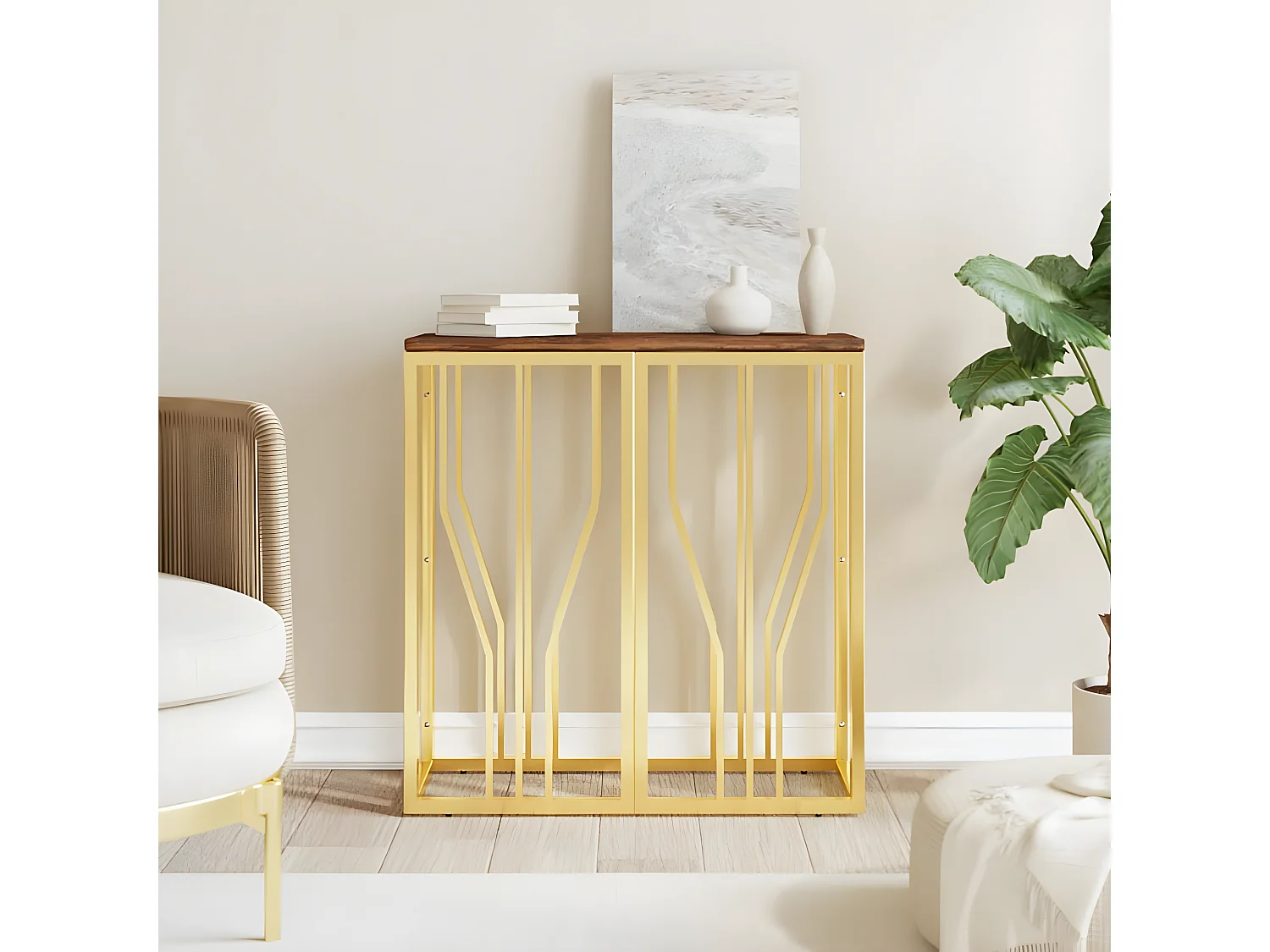 Table console doré acier inoxydable et bois massif récupération GHR97949