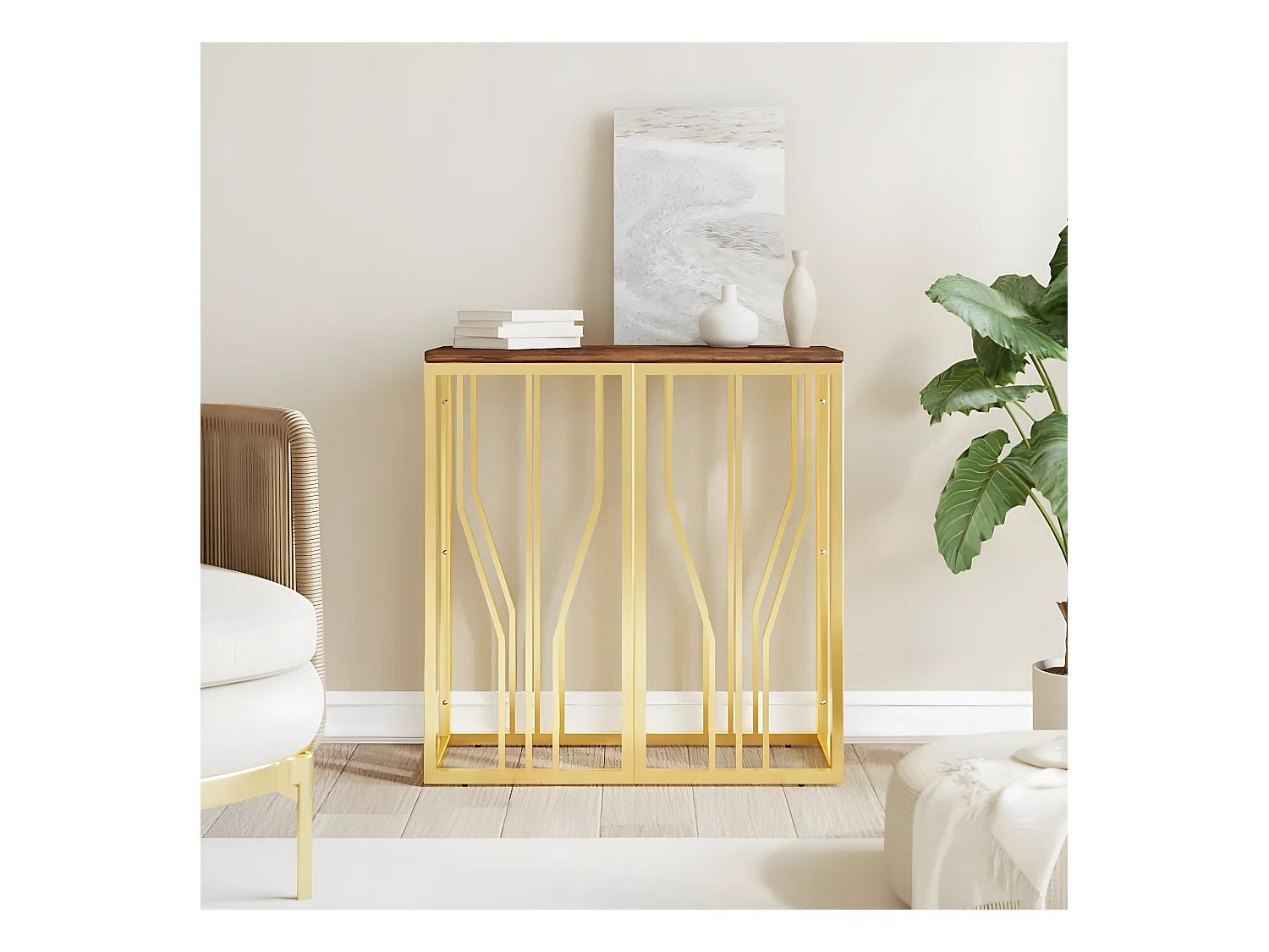 Table console doré acier inoxydable et bois massif récupération GHR97949