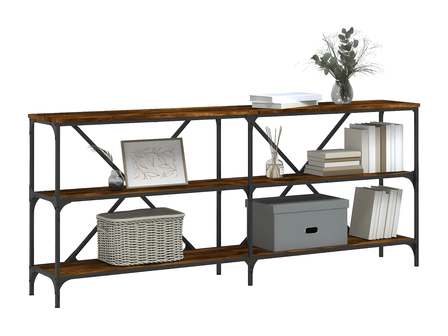 Table console chêne fumé 180x30x75 cm bois d'ingénierie et fer GHR74801